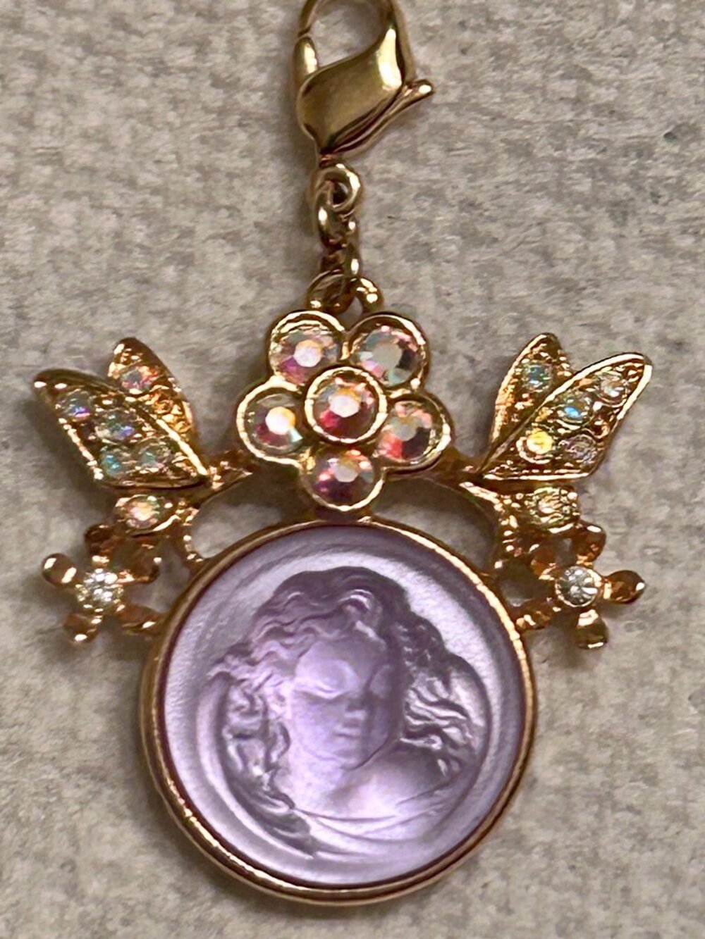 Kirks Folly “Dream Angel” Glass Cameo Floral Butterfly Charm Pendant.